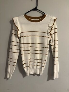 SHEIN Cream Sweater with Brown Stripes and Ruffle Shoulders